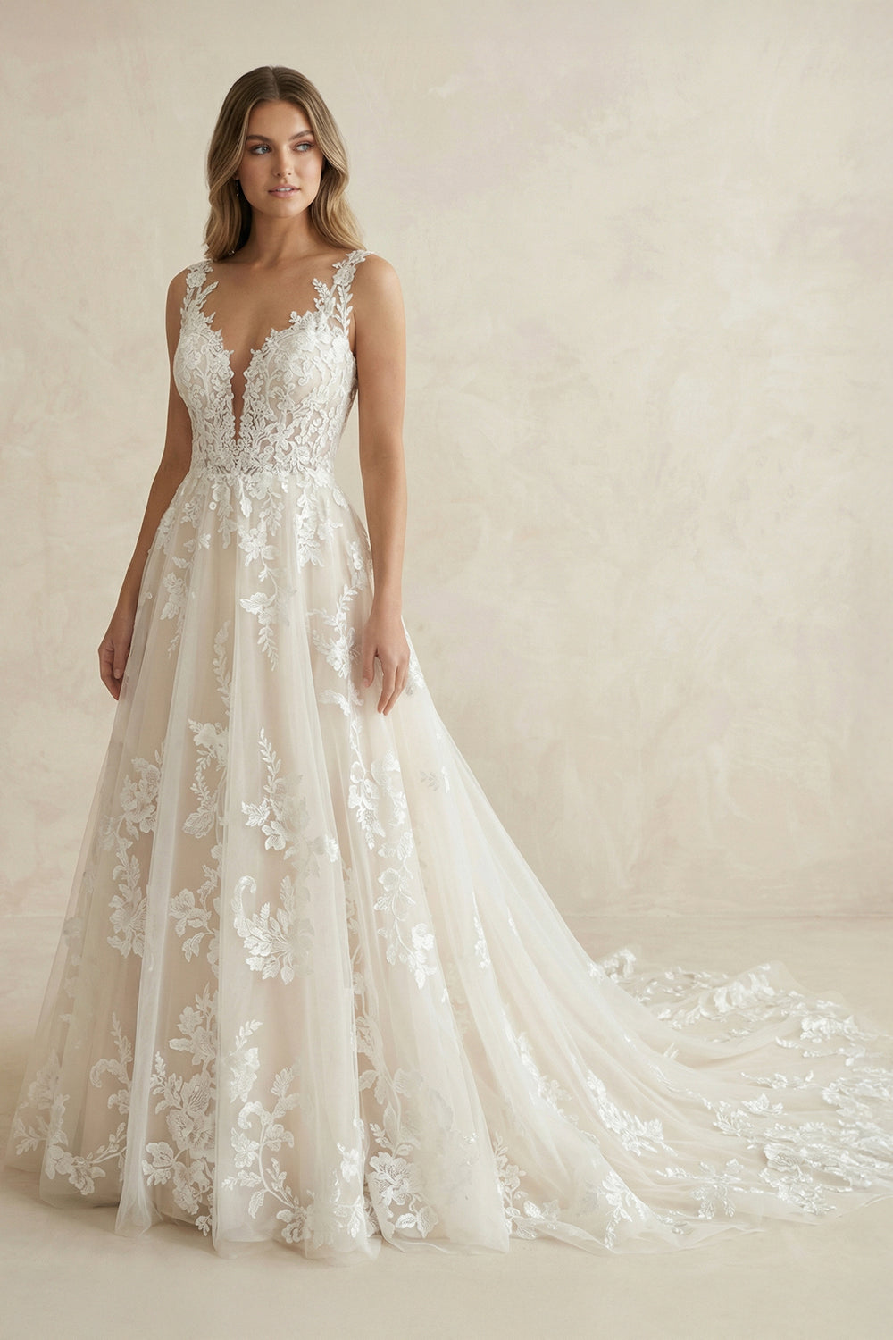 Ivory V-Neck A-Line Tulle Wedding Dress with Pockets