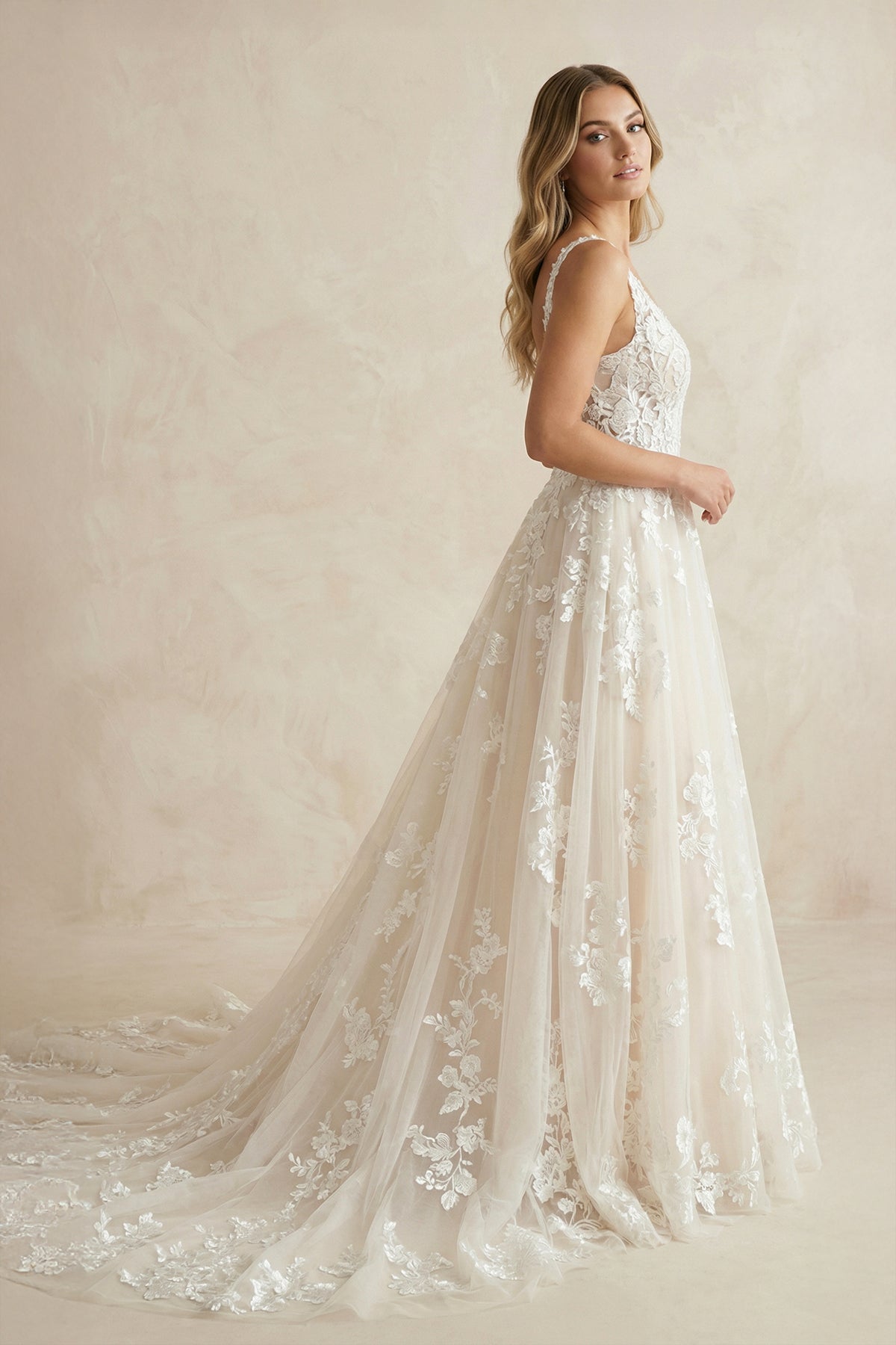 KissProm Ivory V-Neck A-Line Tulle Wedding Dress with Pockets, White-Nude / 26