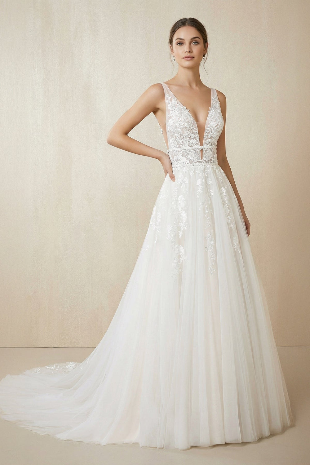 V Neck A Line Tulle Wedding Dress With Appliques in White - KissProm Wedding Dresses