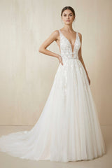 V Neck A Line Tulle Wedding Dress With Appliques in White - KissProm Wedding Dresses