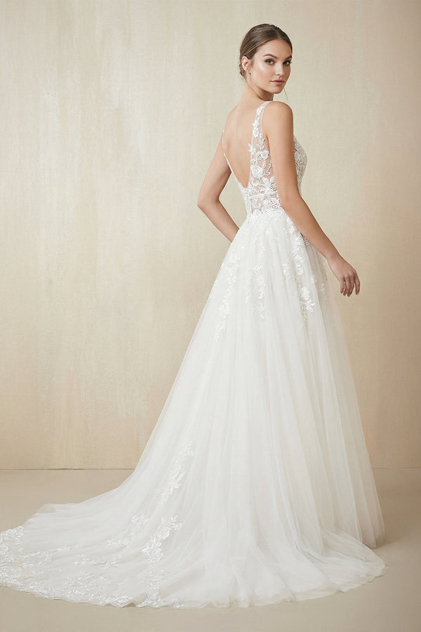 V Neck A Line Tulle Wedding Dress With Appliques in White - KissProm Wedding Dresses