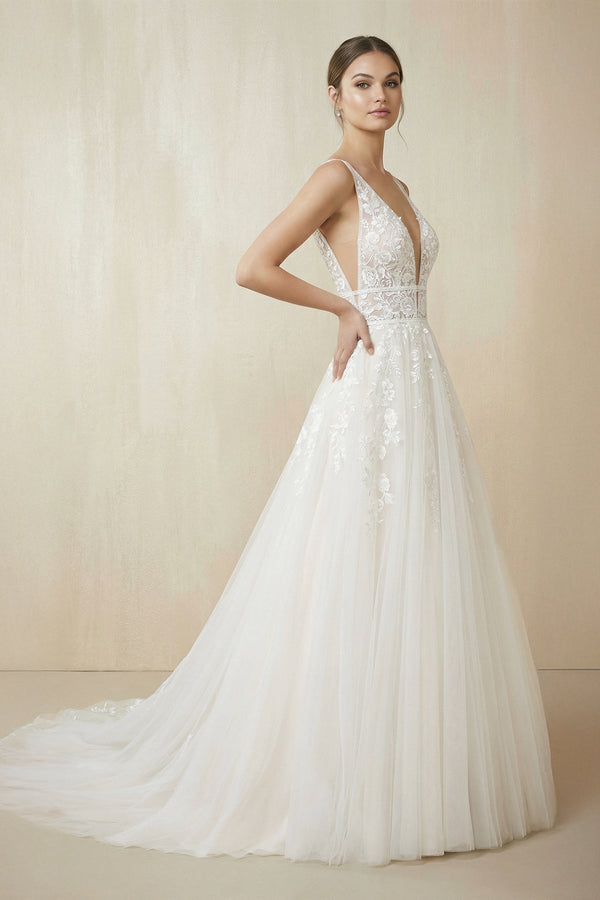 V Neck A Line Tulle Wedding Dress With Appliques in White - KissProm Wedding Dresses