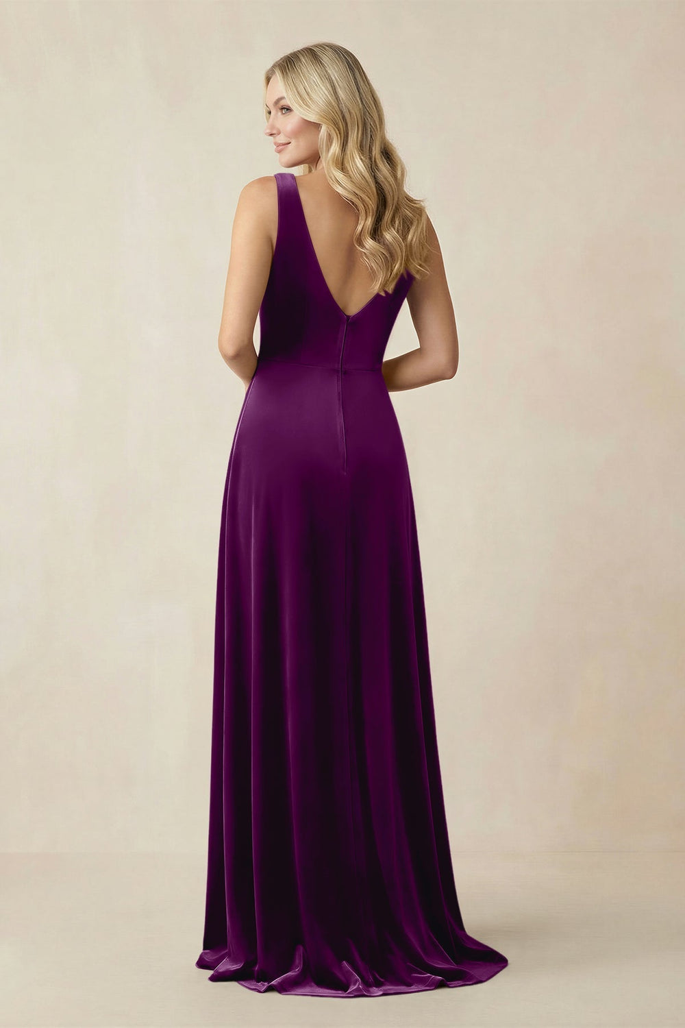 V - Neck A - Line Velvet Bridesmaid Dress in Amethyst - KissProm Bridesmaid Dresses