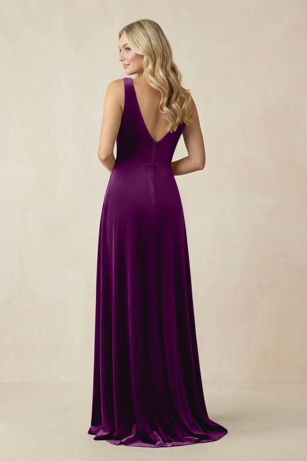 V - Neck A - Line Velvet Bridesmaid Dress in Amethyst - KissProm Bridesmaid Dresses