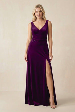V - Neck A - Line Velvet Bridesmaid Dress in Amethyst - KissProm Bridesmaid Dresses