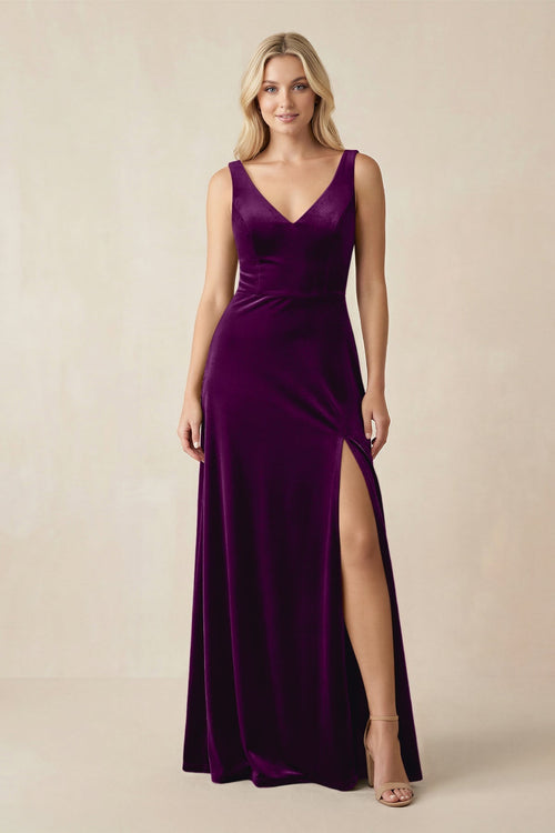 V - Neck A - Line Velvet Bridesmaid Dress in Amethyst - KissProm Bridesmaid Dresses