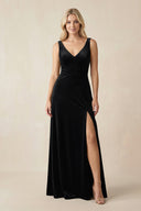V - Neck A - Line Velvet Bridesmaid Dress in Black - KissProm Bridesmaid Dresses