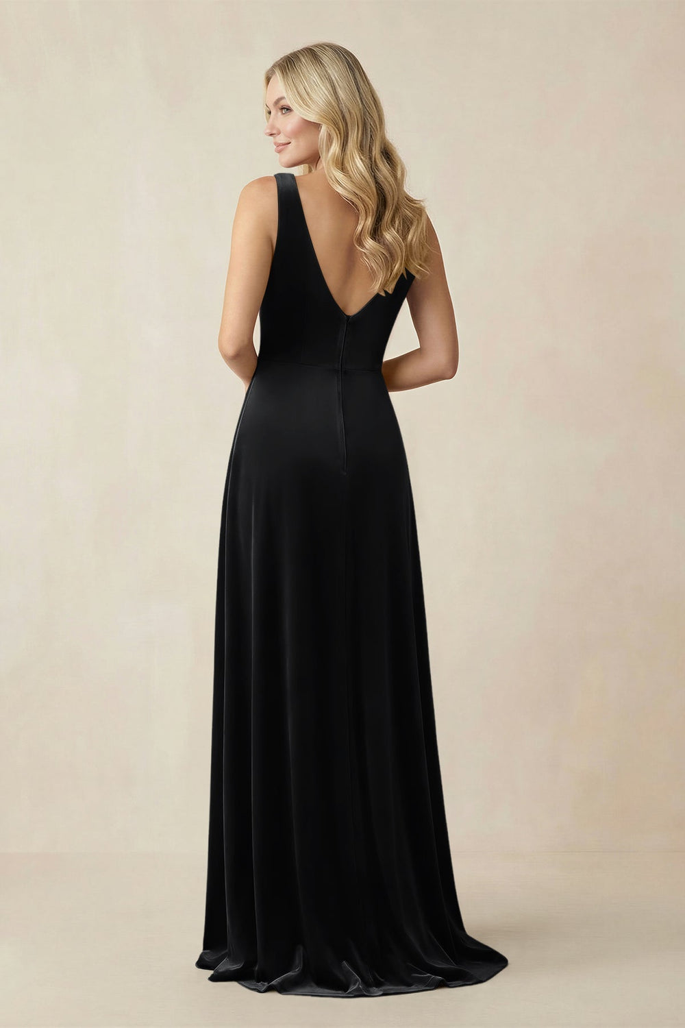 V - Neck A - Line Velvet Bridesmaid Dress in Black - KissProm Bridesmaid Dresses