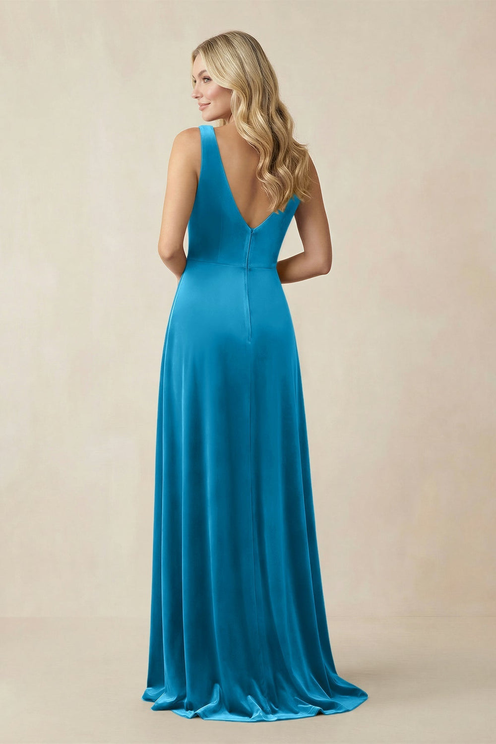 V - Neck A - Line Velvet Bridesmaid Dress in Blue Jay - KissProm Bridesmaid Dresses