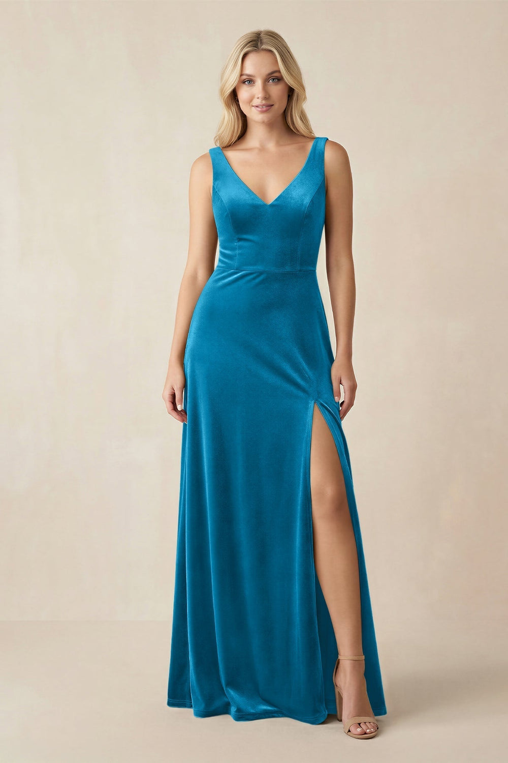 V - Neck A - Line Velvet Bridesmaid Dress in Blue Jay - KissProm Bridesmaid Dresses
