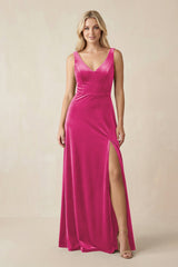 V - Neck A - Line Velvet Bridesmaid Dress in Bon Bon Pink - KissProm Bridesmaid Dresses