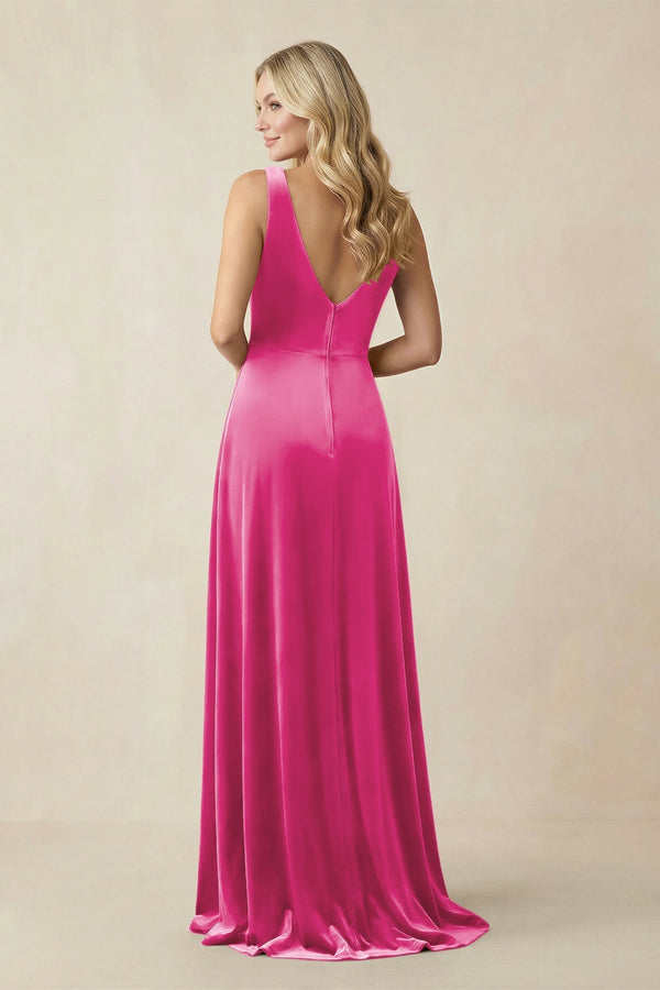 V - Neck A - Line Velvet Bridesmaid Dress in Bon Bon Pink - KissProm Bridesmaid Dresses