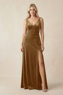 V - Neck A - Line Velvet Bridesmaid Dress in Bronzer - KissProm Bridesmaid Dresses