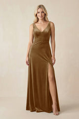 V - Neck A - Line Velvet Bridesmaid Dress in Bronzer - KissProm Bridesmaid Dresses