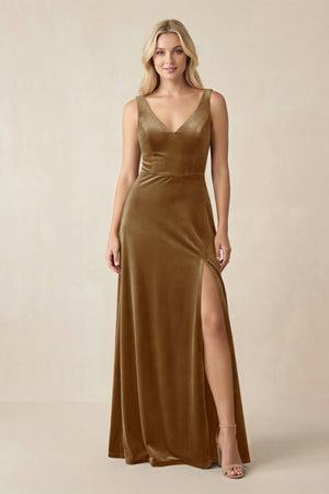 V - Neck A - Line Velvet Bridesmaid Dress in Bronzer - KissProm Bridesmaid Dresses