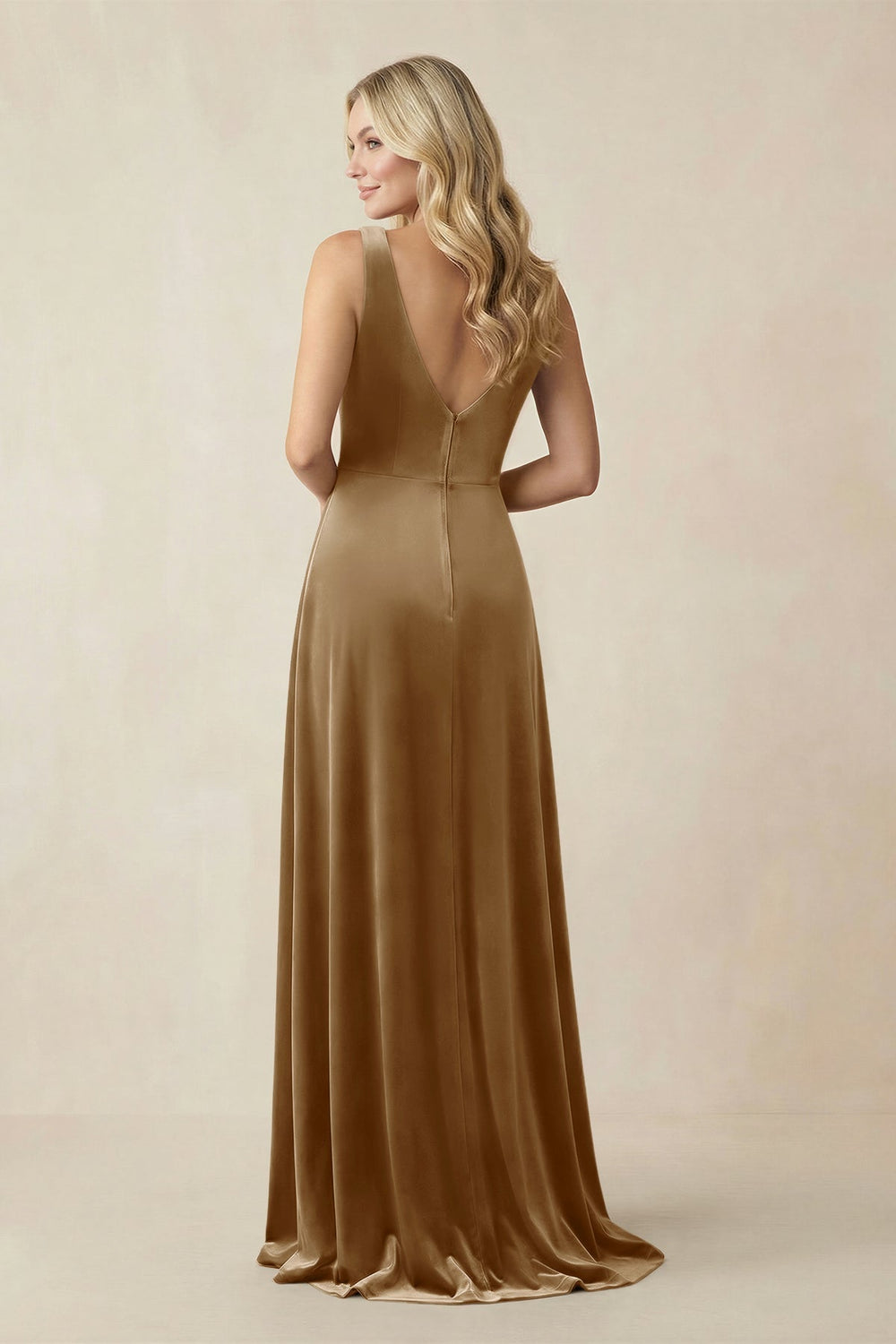 V - Neck A - Line Velvet Bridesmaid Dress in Bronzer - KissProm Bridesmaid Dresses