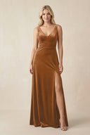 V - Neck A - Line Velvet Bridesmaid Dress in Brown - KissProm Bridesmaid Dresses