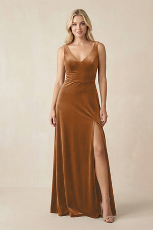 V - Neck A - Line Velvet Bridesmaid Dress in Brown - KissProm Bridesmaid Dresses