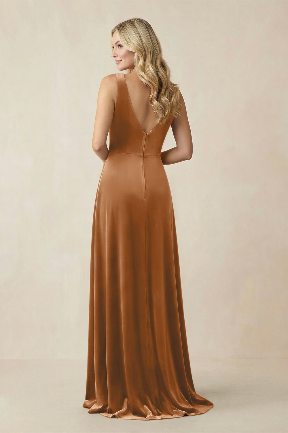 V - Neck A - Line Velvet Bridesmaid Dress in Brown - KissProm Bridesmaid Dresses