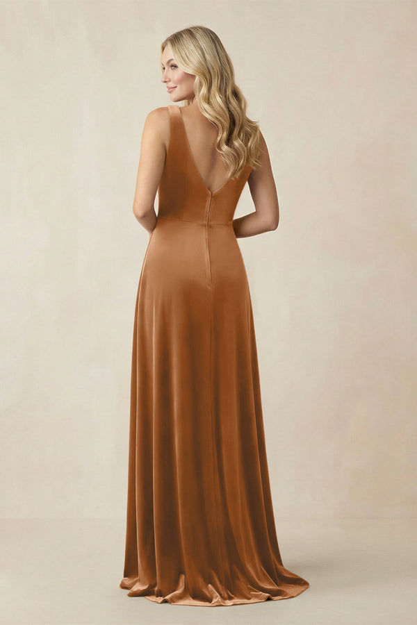 V - Neck A - Line Velvet Bridesmaid Dress in Brown - KissProm Bridesmaid Dresses