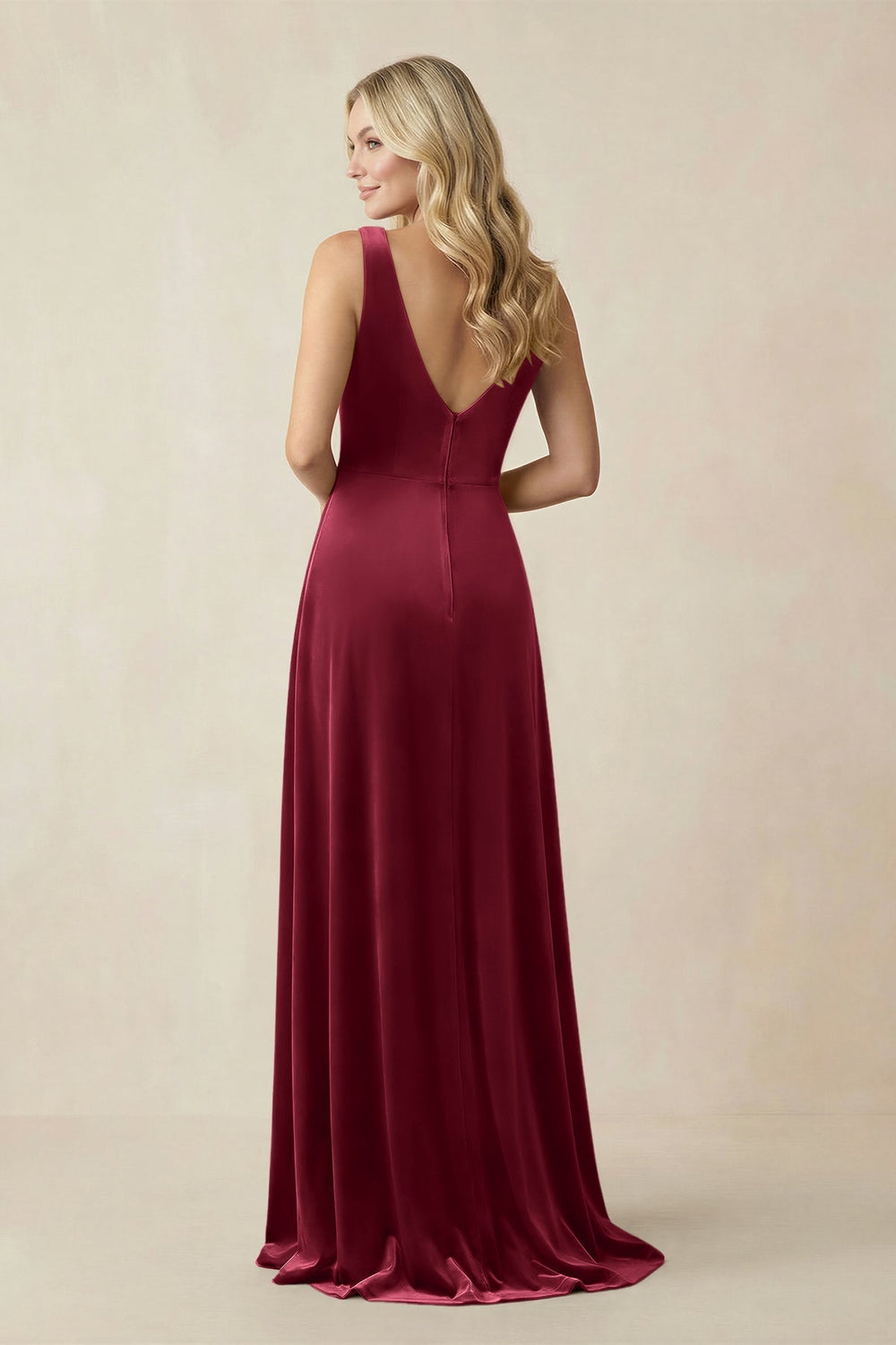 V - Neck A - Line Velvet Bridesmaid Dress in Burgundy - KissProm Bridesmaid Dresses