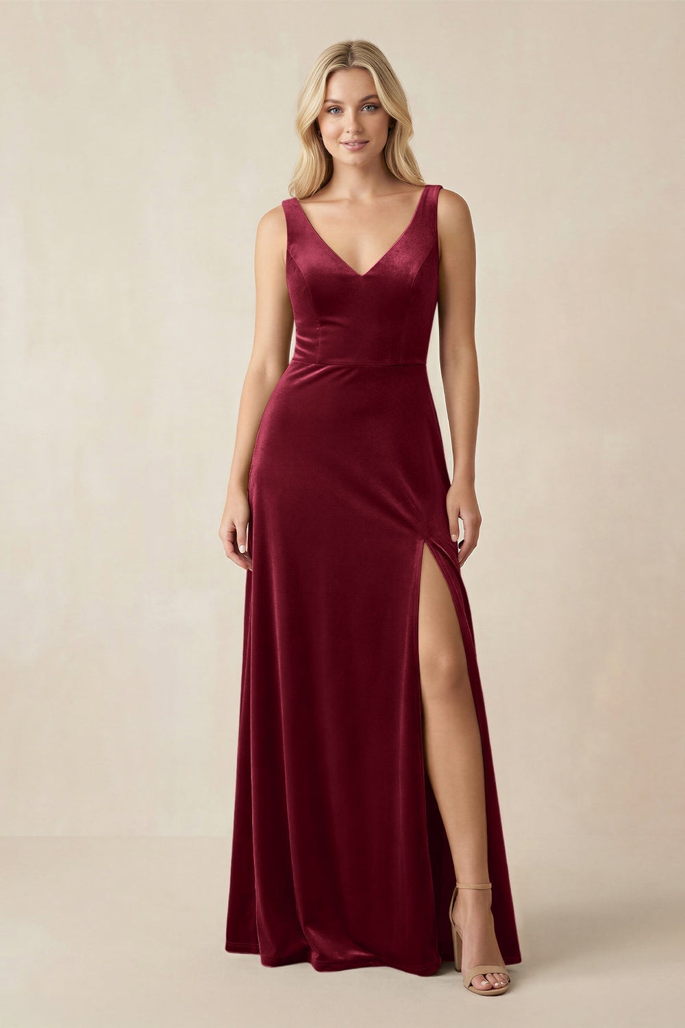 V - Neck A - Line Velvet Bridesmaid Dress in Burgundy - KissProm Bridesmaid Dresses
