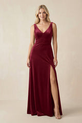V - Neck A - Line Velvet Bridesmaid Dress in Burgundy - KissProm Bridesmaid Dresses
