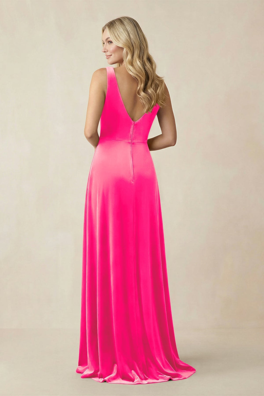 V - Neck A - Line Velvet Bridesmaid Dress in Candy Pink - KissProm Bridesmaid Dresses