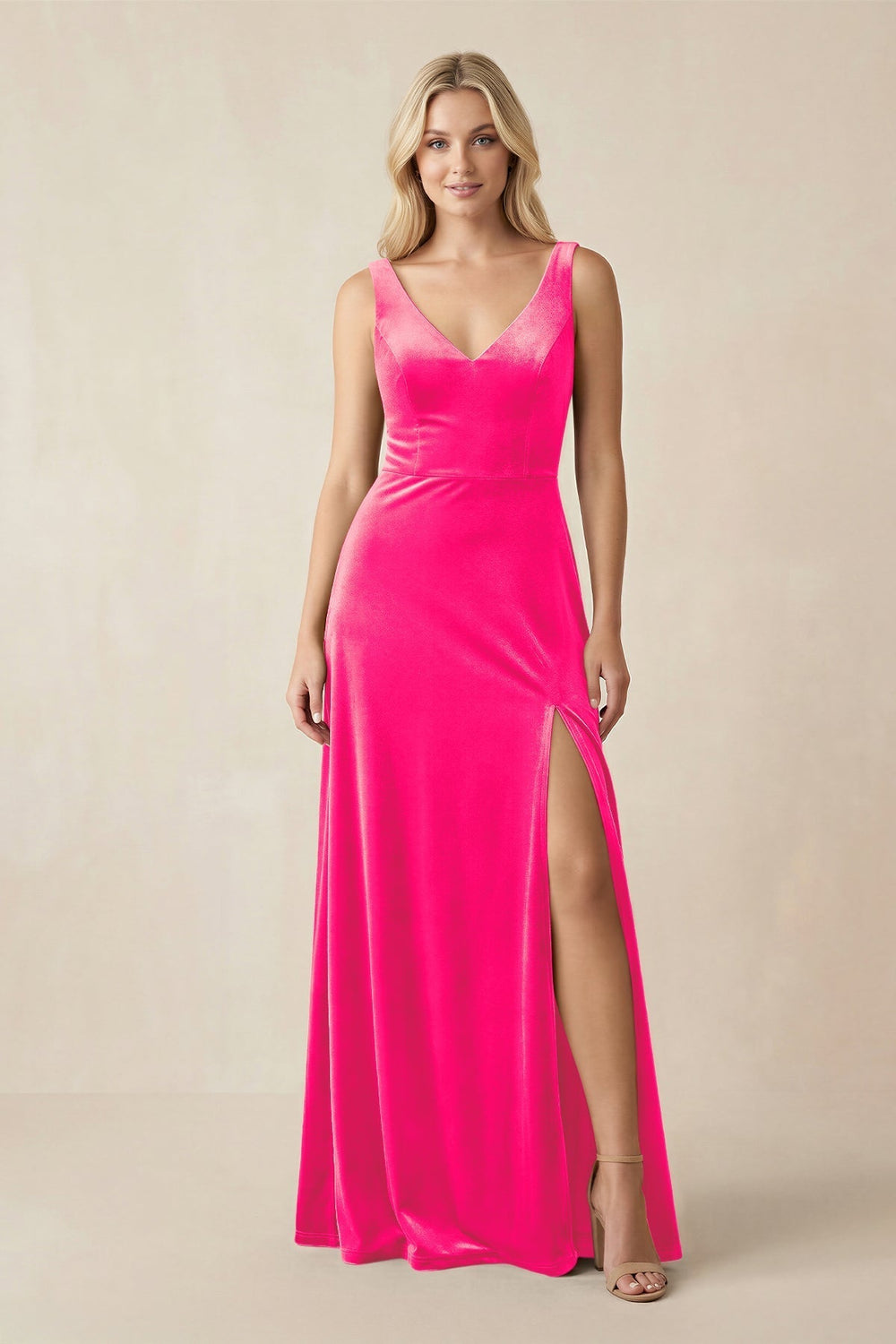 V - Neck A - Line Velvet Bridesmaid Dress in Candy Pink - KissProm Bridesmaid Dresses
