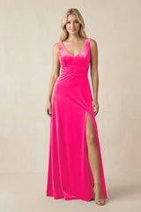 V - Neck A - Line Velvet Bridesmaid Dress in Candy Pink - KissProm Bridesmaid Dresses