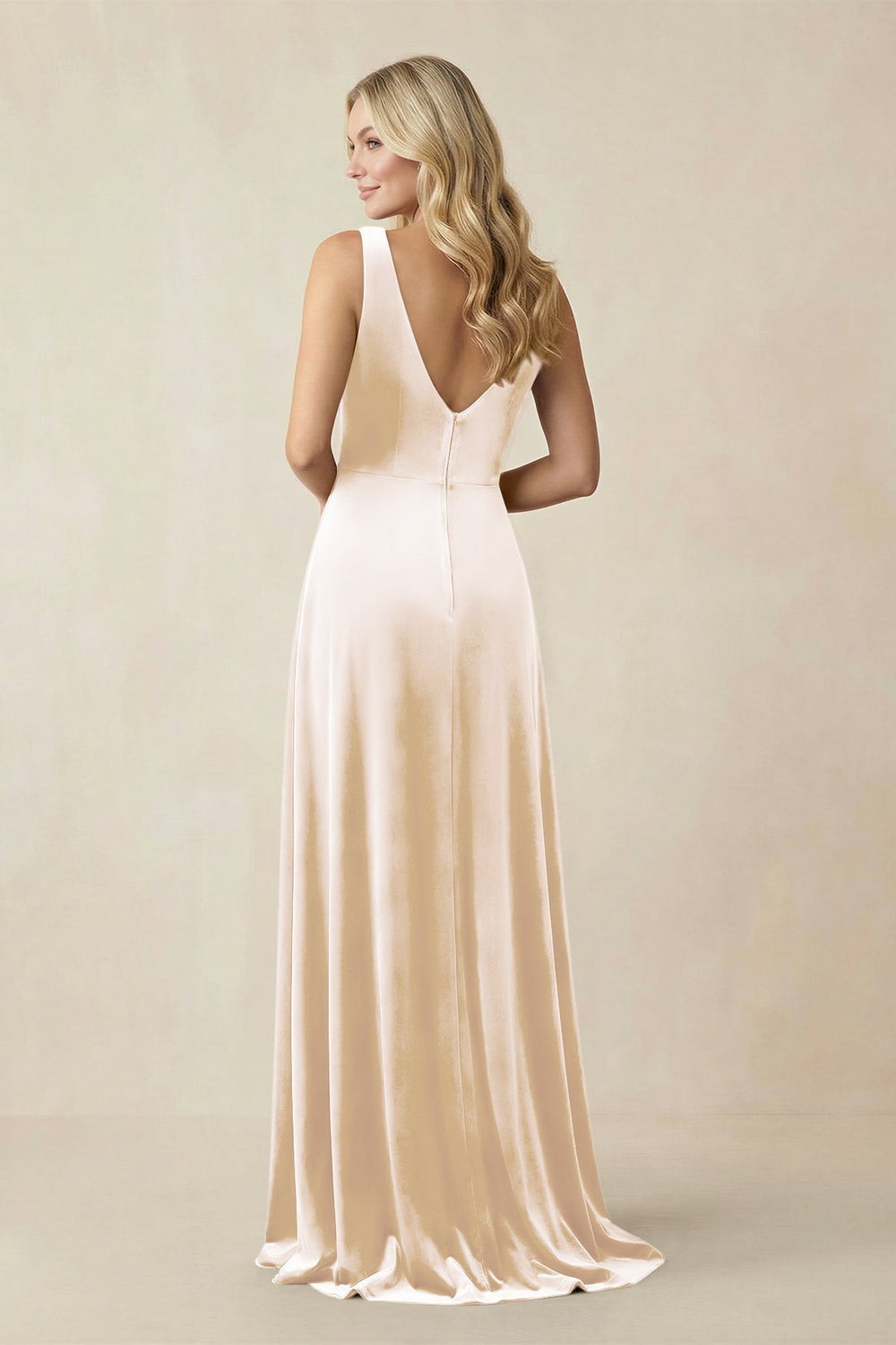 V - Neck A - Line Velvet Bridesmaid Dress in Champagne - KissProm Bridesmaid Dresses