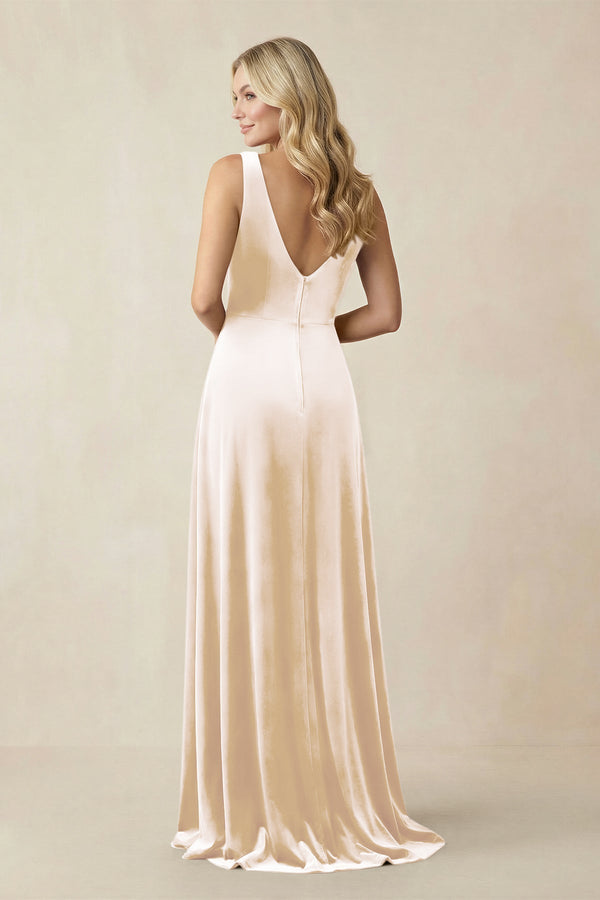 V - Neck A - Line Velvet Bridesmaid Dress in Champagne - KissProm Bridesmaid Dresses