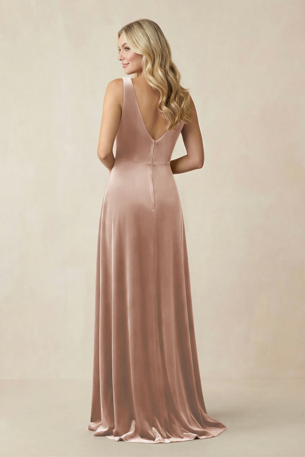 V - Neck A - Line Velvet Bridesmaid Dress in Champagne Rose - KissProm Bridesmaid Dresses