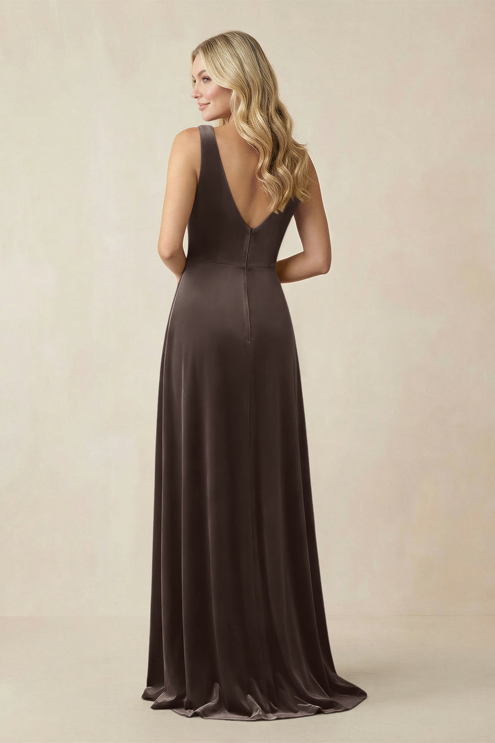 V - Neck A - Line Velvet Bridesmaid Dress in Chocolate - KissProm Bridesmaid Dresses