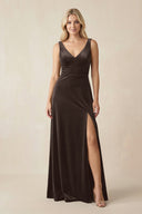 V - Neck A - Line Velvet Bridesmaid Dress in Chocolate - KissProm Bridesmaid Dresses