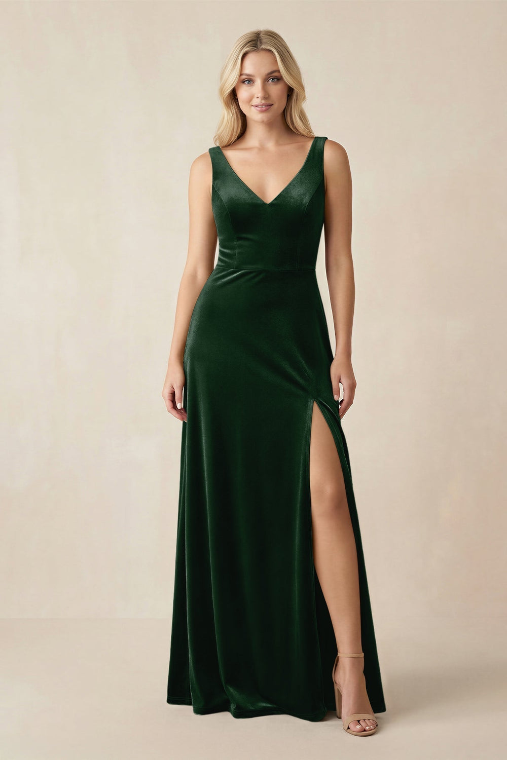 V - Neck A - Line Velvet Bridesmaid Dress in Dark Green - KissProm Bridesmaid Dresses
