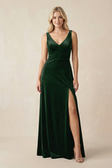 V - Neck A - Line Velvet Bridesmaid Dress in Dark Green - KissProm Bridesmaid Dresses