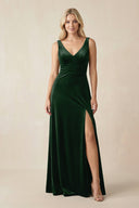V - Neck A - Line Velvet Bridesmaid Dress in Dark Green - KissProm Bridesmaid Dresses