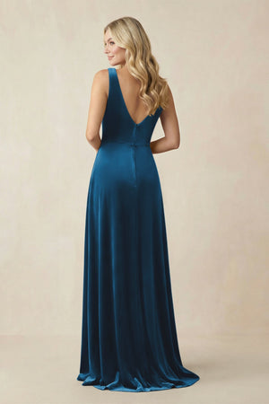 V - Neck A - Line Velvet Bridesmaid Dress in Dark Teal - KissProm Bridesmaid Dresses