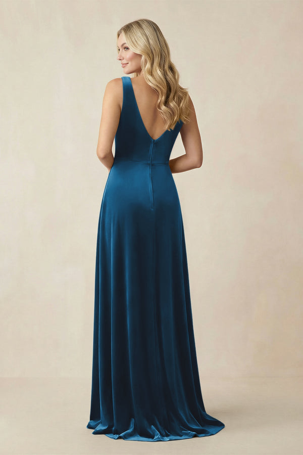 V - Neck A - Line Velvet Bridesmaid Dress in Dark Teal - KissProm Bridesmaid Dresses