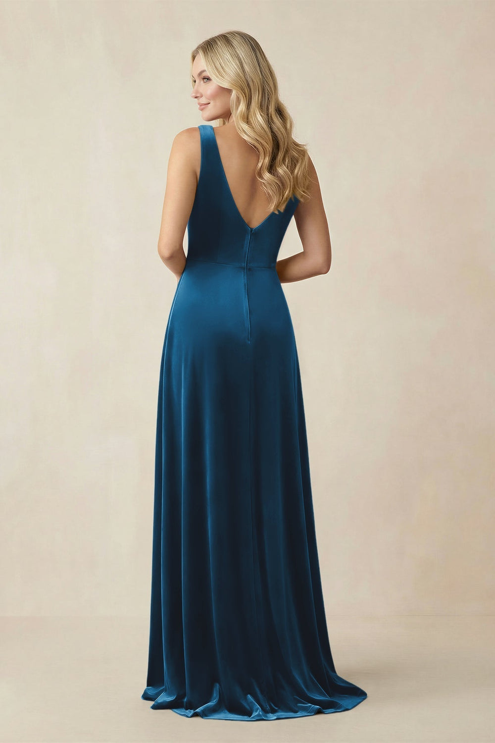 V - Neck A - Line Velvet Bridesmaid Dress in Dark Teal - KissProm Bridesmaid Dresses