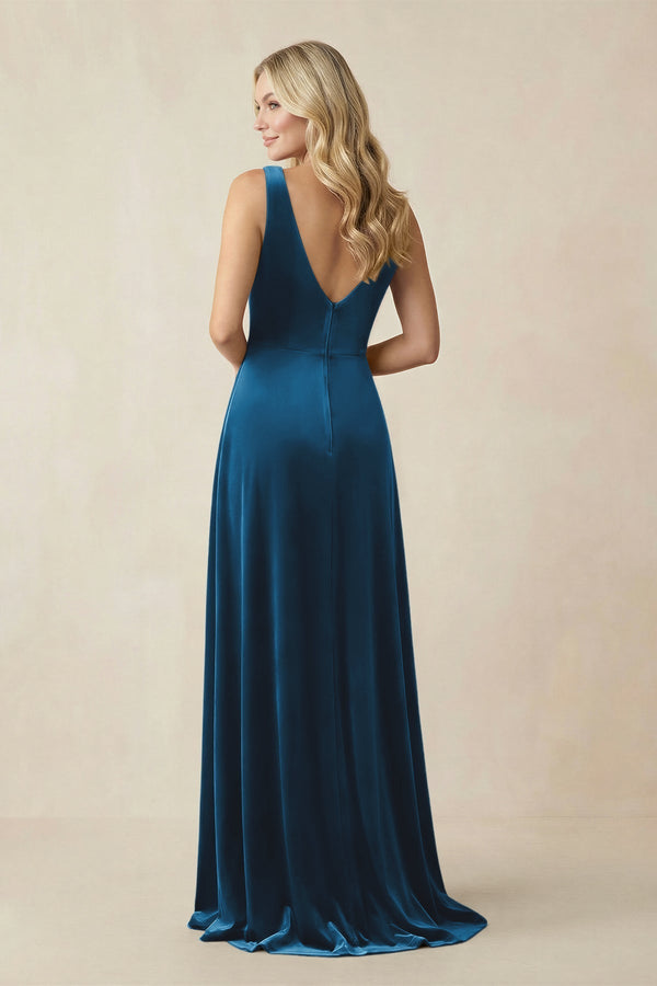 V - Neck A - Line Velvet Bridesmaid Dress in Dark Teal - KissProm Bridesmaid Dresses
