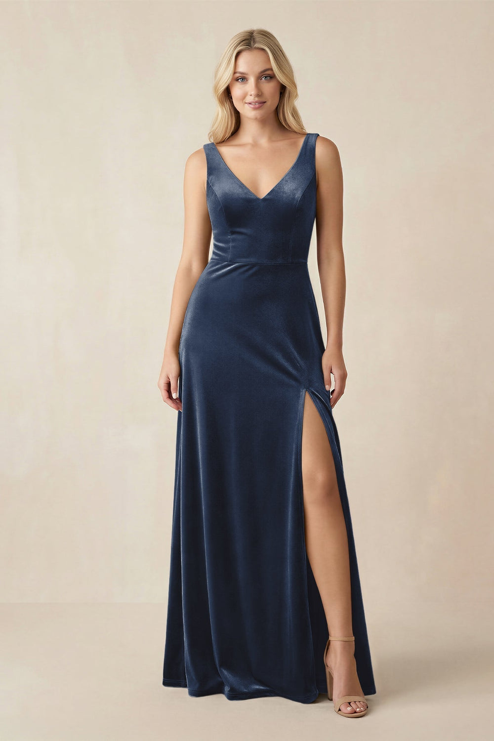 V - Neck A - Line Velvet Bridesmaid Dress in Dusk Blue - KissProm Bridesmaid Dresses