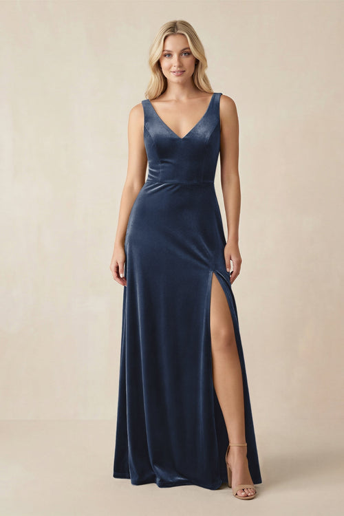 V - Neck A - Line Velvet Bridesmaid Dress in Dusk Blue - KissProm Bridesmaid Dresses