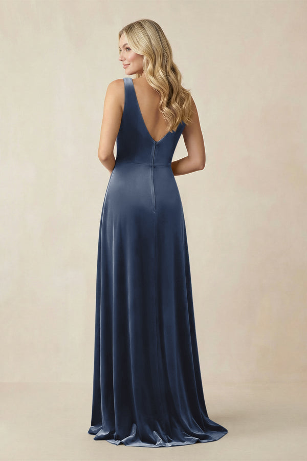 V - Neck A - Line Velvet Bridesmaid Dress in Dusk Blue - KissProm Bridesmaid Dresses
