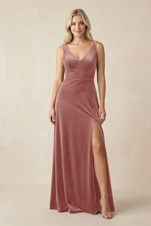 V - Neck A - Line Velvet Bridesmaid Dress in Dusty Rose - KissProm Bridesmaid Dresses