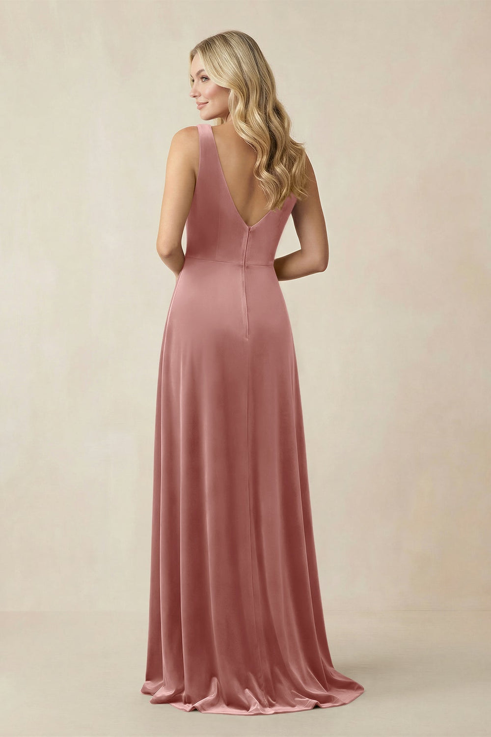 V - Neck A - Line Velvet Bridesmaid Dress in Dusty Rose - KissProm Bridesmaid Dresses