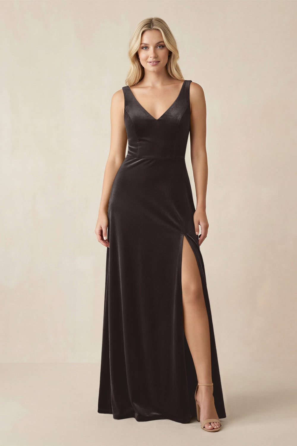 V - Neck A - Line Velvet Bridesmaid Dress in Espresso - KissProm Bridesmaid Dresses