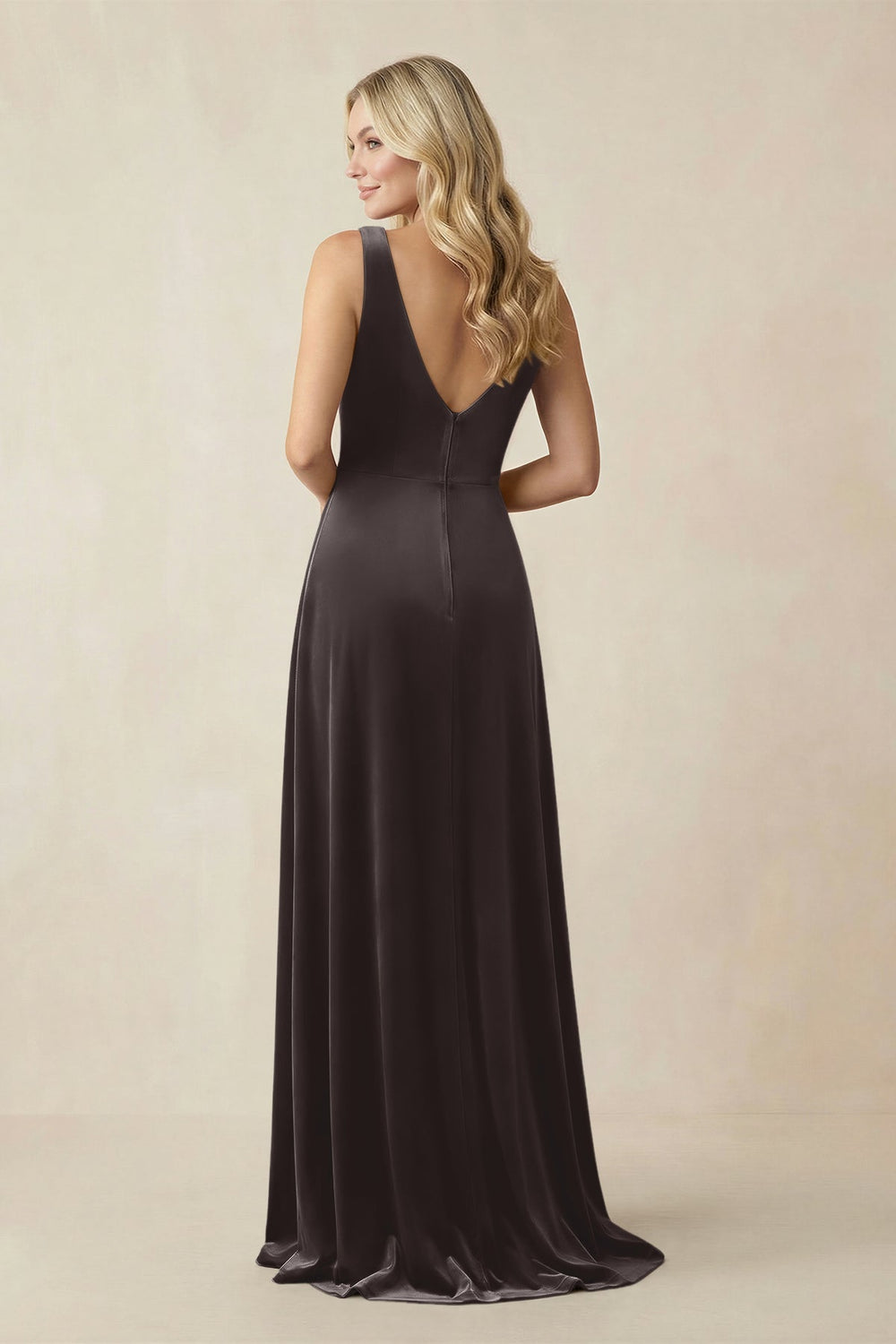 V - Neck A - Line Velvet Bridesmaid Dress in Espresso - KissProm Bridesmaid Dresses