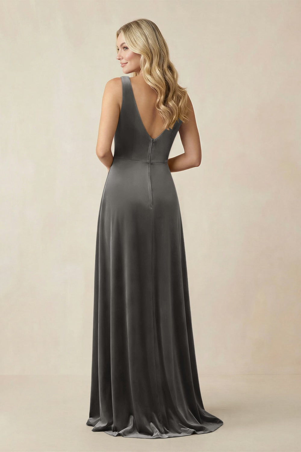 V - Neck A - Line Velvet Bridesmaid Dress in Frost - KissProm Bridesmaid Dresses